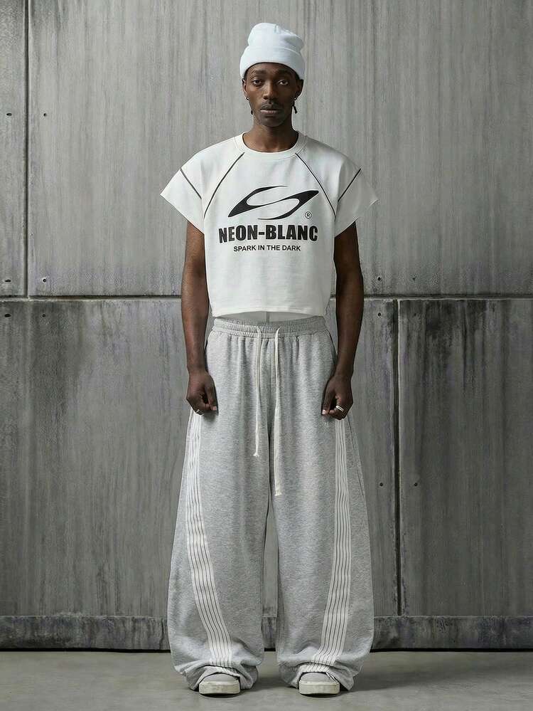 Men's Gray Drawstring Wide Leg Sweatpants With White Side Stripes, Casual Daily Athletic Lounge Pants