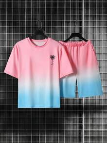 Teenage Boys' Palm Tree Print T-Shirt & Matching Shorts Set, Tropical Vibe, Casual Everyday Outdoor Sports Outfit, Spring/Summer - Pink - View 4