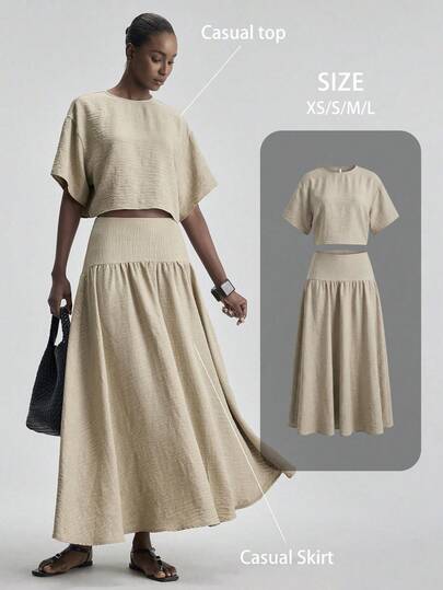 Ontre 2026SS New 2-Piece Set, Popular Solid Color Woven Fabric Women's Top And Skirt, Vacation Style, Holiday Outfit, Women's Khaki And Apricot 2-Piece Set, Short Sleeve, Round Neck, Simple Elegant Urban Chic Commute Teacher Outerwear, Summer Holiday Outfit, Casual Beach Outfit, For Wedding Guest, Party, Elegant Fashion Design A-Line Tea Party, Romantic Date Outfit, Comfortable Fabric, Loose Fit, And Versatile,Work Outfits For Women