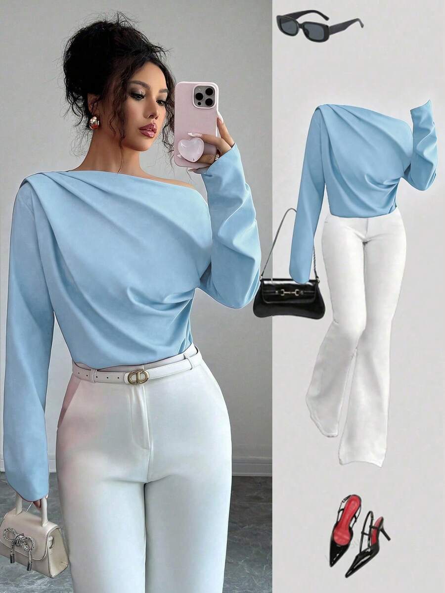 Elenzga Women's New Autumn Oblique Shoulder Ruched Long Sleeve Blouse - Baby Blue - View 1