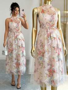 SHEIN Elenzya Đầm voan dài ngang gối họa tiết hoa pastel 3D thắt eo, kiểu dáng lãng mạn, thanh lịch, ôm sát, thích hợp cho hẹn hò và tiệc tùng. - Nhiều màu - Xem 5