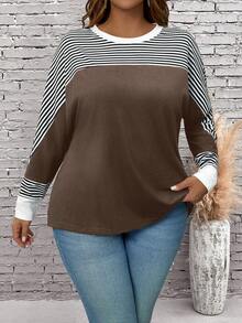 Rosumi Plus Size Women's Casual Crew Neck Striped Batwing Sleeve T-Shirt, Spring/Fall,Fall Clothes For Women - Brown - View 6