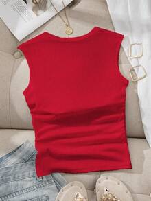 SHEIN EZwear 女士纯色褶皱休闲百搭日常上衣 - 紅色 - 查看 2