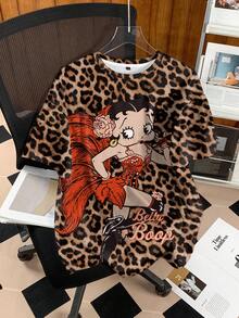 Betty Boop x SHEIN 女士豹纹圆领短袖休闲T恤 - 白色 - 查看 7