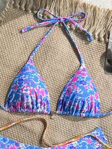 Swim Mod 2026 Spring/Summer 4pcs/Set Ditsy Floral Halter Bikini Set - Multicolor - View 3