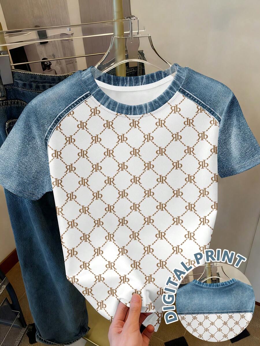 Resyla 美式复古字母印花数码印花牛仔插肩袖T恤，休闲通勤字母印花牛仔插肩袖T恤，女士百搭短袖上衣 - 白色 - 查看 1