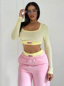 Shopreo Conjunto de 2 peças de blusa e calça cropped casual colorblock feminino - Rosa - Ver 4