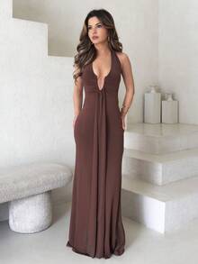 Jemour Brown Color Sexy V Neck Halter Neck Backless Sleeveless Ruched Maxi Dress,Concert Dress,Club Dress,Date Night Dress,Streetwear,Elevated Elegance Dress,Prom Dress,Rave Dress,Women Birthday Dress,Party Must Have,Spring Dress - Coffee - View 4