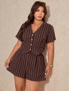 Elaquor Plus Size Sommar Casual Pendling Randig Skjorta Och Shorts 2-delat Set - Brun - Visa 6