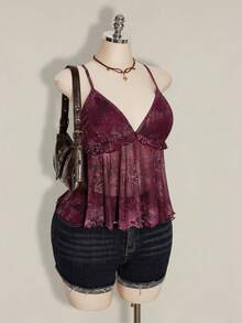 SHEIN ICON Plus Size Women Plant Print Ruffle Hem Camisole Tank Top For Holiday,Rave Top - Purple - View 5