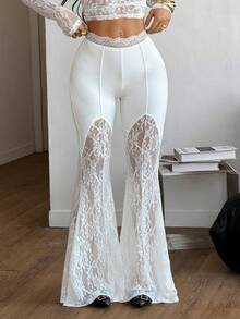 SHEIN Coolane Pantalones acampanados de encaje blanco de lujo con contraste para mujeres, pantalones sexy, leggings acampanados, pantalones de yoga, pantalones blancos, pantalones de encaje, pantalones acampanados para mujer, atuendos de verano, atuendos de vacaciones - Blanco - Ver 2