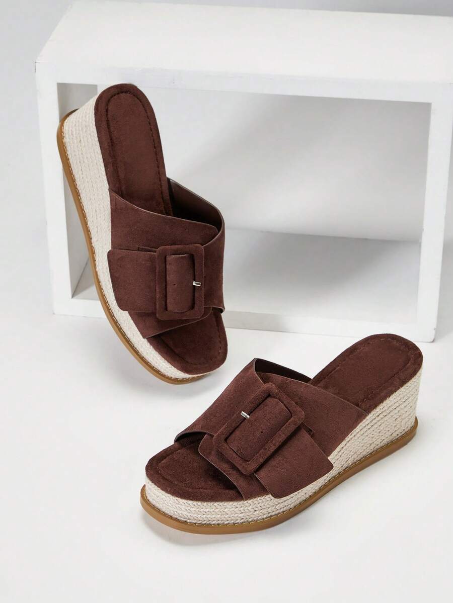 SHUZIA Giày đế xuồng kiểu espadrille tối giản dành cho nữ, chất liệu giả da lộn, có khóa cài, đế dày. - Màu nâu Sô-cô-la - Xem 1