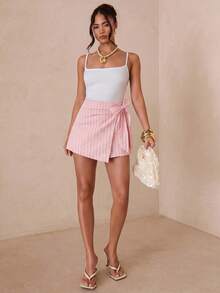 SHEIN Glamour Váy quần nữ kẻ sọc, kiểu dáng thường ngày, đa năng. - Hồng - Xem 5