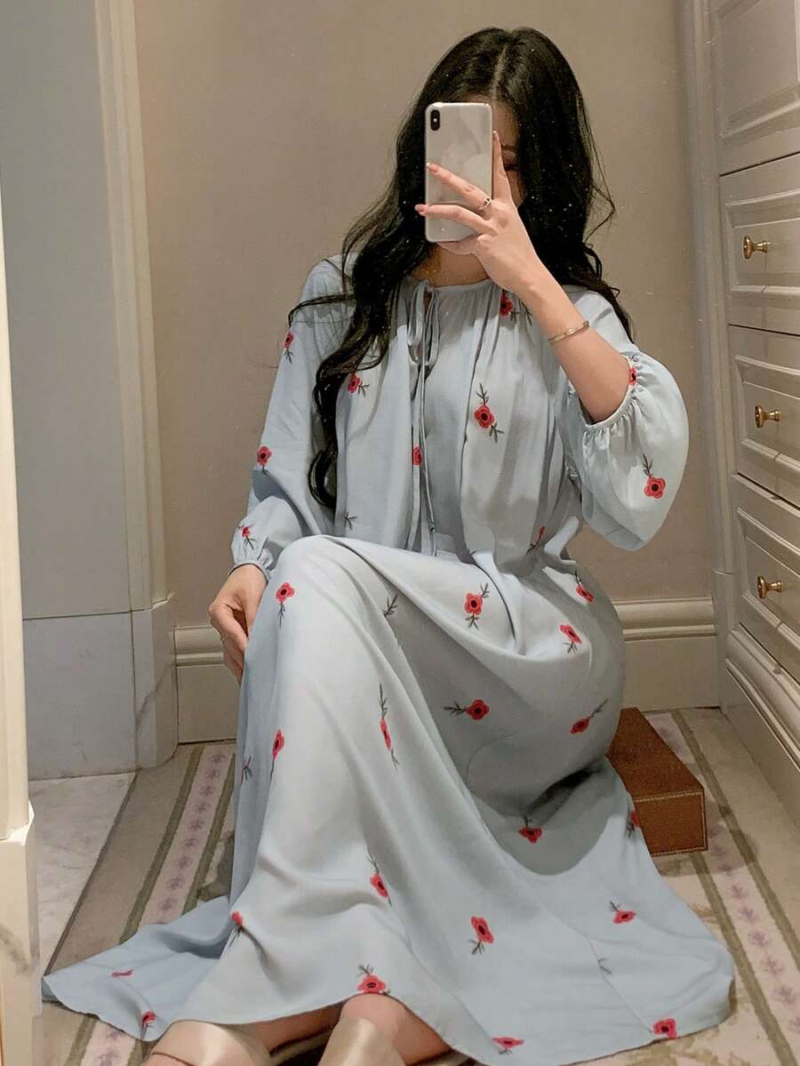 DAZY 印花褶皱抽绳领宽松长连衣裙,适合春夏穿着,女士睡裙 - 綠色 - 查看 1