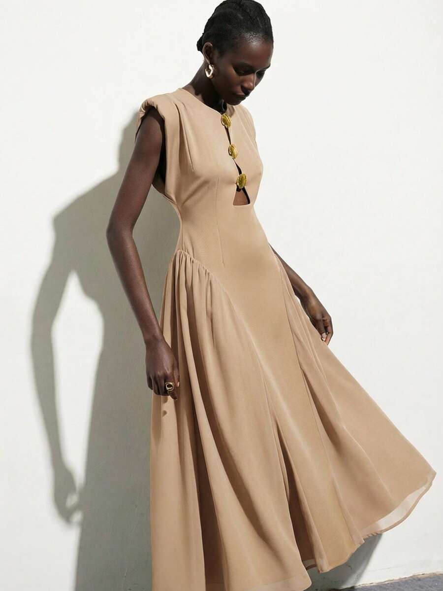 Aveloria Modichic Đầm dài nữ màu xanh ô liu dáng rộng, thiết kế khoét rỗng phía trước với khóa kim loại hình vỏ sò bất đối xứng, không tay, vạt áo phối nhiều mảnh, chất liệu chiffon, phong cách tối giản cổ điển hiện đại, thanh lịch, thích hợp cho công sở, dự tiệc, đa năng. - Màu Khaki - Xem 1