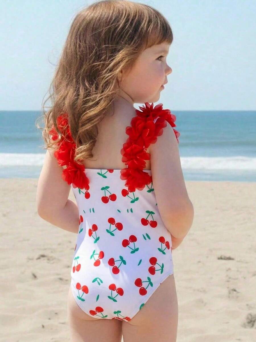 SHEIN 2026新款夏季女婴沙滩樱桃印花荷叶边连体泳衣 - 彩色 - 查看 1