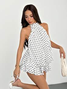 SHEIN PETITE Váy ngắn hở lưng họa tiết chấm bi thanh lịch dành cho nữ - trắng - Xem 7