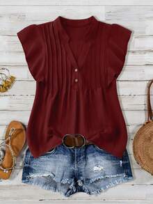 Linhara Plus Size Casual V-Neck Partial Placket Ruffle Trim Blouse - Red - View 1
