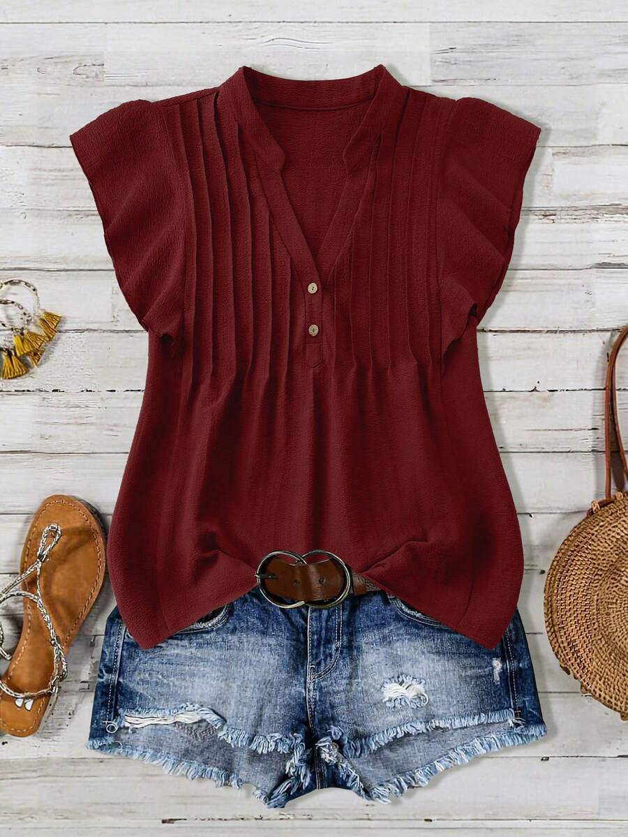 Linhara Plus Size Casual V-Neck Partial Placket Ruffle Trim Blouse - Red - View 1