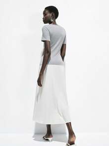 Lumivelle Gray French Style Pleated Tie-Waist Short Sleeve A-Line Dress, Casual Slimming Elegant Long Dress - Multicolor - View 4
