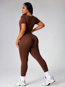 Rhythm Era Mono deportivo y de fitness sin costuras, de gran elasticidad, de manga corta y pantalón largo, talla grande, color marrón - Marrón - Ver 4