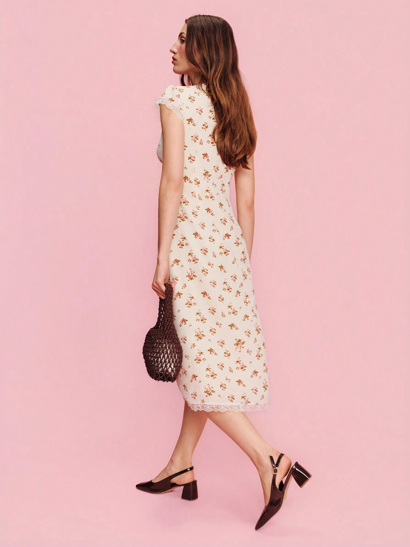 Cream Midi Dress With Pink Floral Print V Neckline And Lace Inserts Spring Summer French Style Parisian Style Holiday Dress Vacation Dress