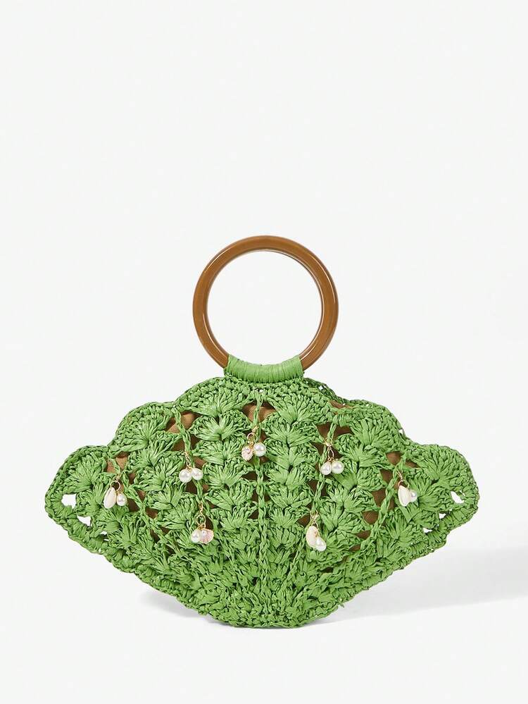 SHEIN Maija Ladies, Women Top Handle Bags, Straw Bag, Straw Woven Bag, Faux Pearls, Marine-Themed Ornaments, Fashionable, Elegant, Simple, Personalized, Versatile, For Beach, Vacation, Holiday, Summer, Seaside, Beach Party
