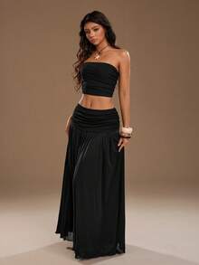 TRNVIE Women's Romantic Pink Mesh Bandeau Top And High Waist Pleated Mesh Maxi Skirt 2-Piece Set, Suitable For Spring/Summer Vacation - Black - View 4