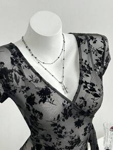 Elamini 女士蓝色植绒不对称V领短袖T恤衫，蕾丝上衣，优雅高贵，正式场合批发服装，女士特殊场合正式服装 - 黑色 - 查看 1