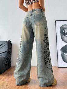 SHEIN PETITE 女士Y2K高腰阔腿牛仔裤，复古水洗蓝色印花宽松牛仔裤，带口袋，完美搭配街头风和Grunge风格服装。女士印花斜插口袋休闲百搭阔腿牛仔裤。 - 黑色 - 查看 2
