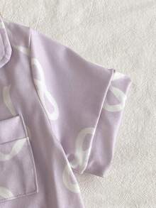 SHEIN 2-Piece Baby Girls Lavender White Bow Print Pajamas,Cute Summer Holiday Sleepwear Set,Soft Knit Lapel Collar Short Sleeve Cardigan & Long Pants Set - Mauve Purple - View 5