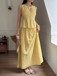 DAZY Bộ 2 món gồm áo không tay và chân váy dài cho nữ, kiểu dáng nghỉ mát, thích hợp cho mùa xuân/hè. - Màu vàng - Xem 6