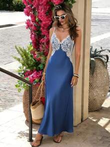 Pariaura 女士优雅法式撞色蕾丝吊带裙 - 藍色 - 查看 5