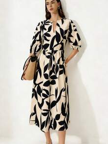 Selamara New V-Neck 3/4 Sleeve Leaf Print Slimming Long Dress For Women - Apricot - View 1