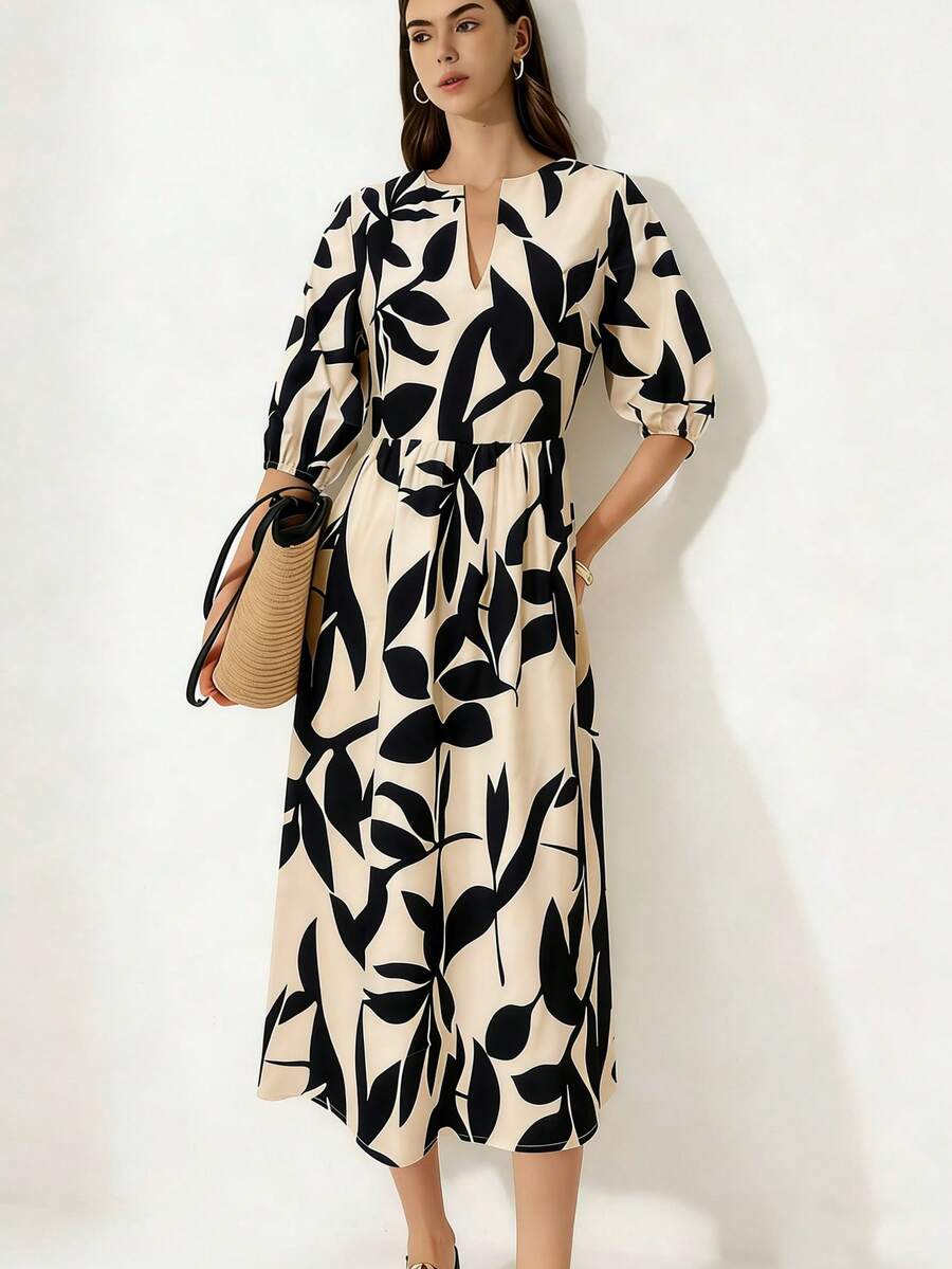 Selamara New V-Neck 3/4 Sleeve Leaf Print Slimming Long Dress For Women - Apricot - View 1