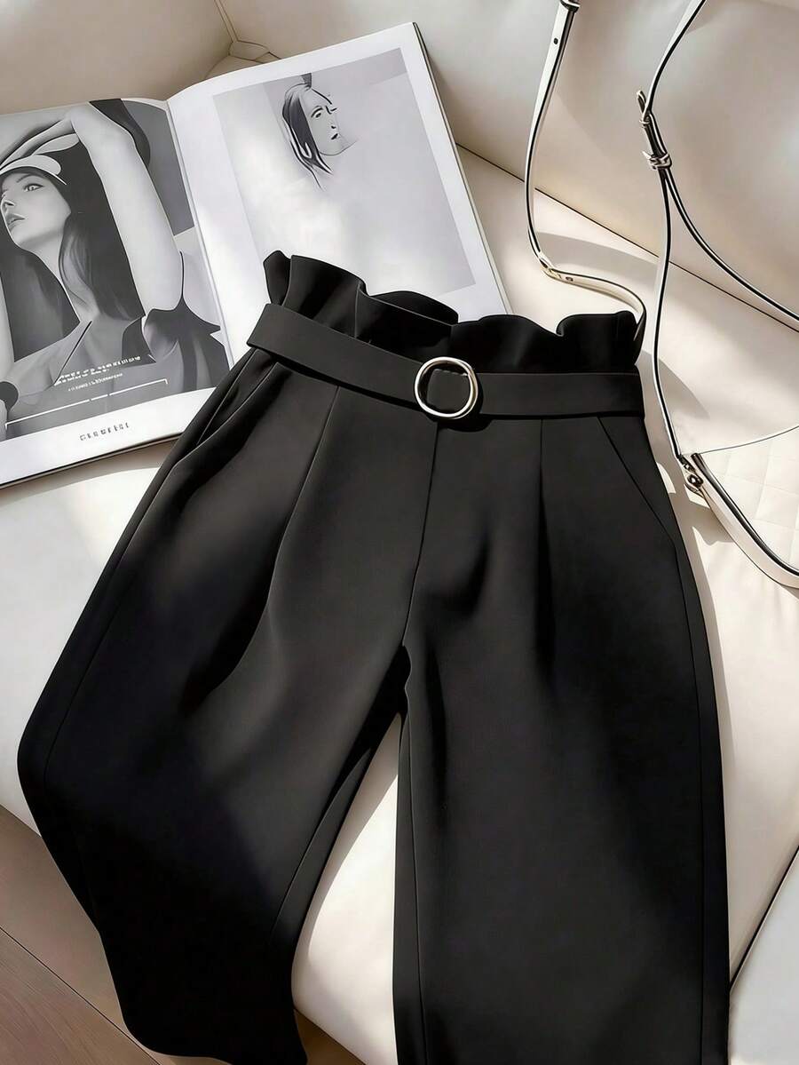 GlowEve CURVE Elegant High Waist Ruffle Trim Black Plus Size Straight Leg Pants, Suitable From Spring To Summer - Black - View 1