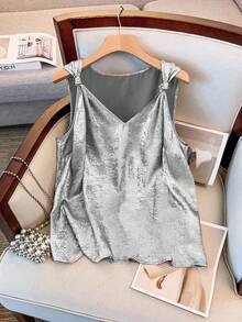 GlowEve CURVE Plus Size Sleeveless Twist Knot Metallic Color Summer Shirt - Silver - View 3