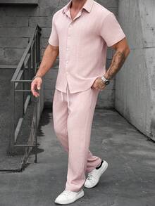 Manfinity CasualCool Men's Mature Casual Embossed Fabric Short Sleeve Shirt And Pants Set Men Outfits 2 Piece Pink Men Outfit Man Clothes Outfit Set Men Coords Outfit Linen Two Piece Set For Men Old Money,Daily Leisure, Weekend Trips, Outdoor Activities, Travel Expeditions, Relaxed Work Environments Or Semi-Formal Occasions, Boyfriend/Husband Gift, Anniversary /Birthday Gift Party Summer Vacation Holiday,Wedding,Spring To Summer,Easter,Y2k,Vintage,Hawaii - Dusty Pink - View 6