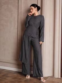Graceveil Women's Blue White Stripe Autumn Elegant Office 3 Pieces Set Round Neck Long Sleeve Top Wide Leg Pants Business Casual Co Ords Terno Blouse Outfit - Green - View 1