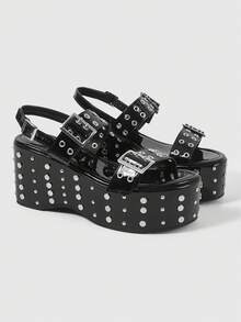 ROMWE Grunge Punk Giày sandal đế xuồng đính kim tuyến, khóa cài nhọn dành cho nữ. - màu đen - Xem 2