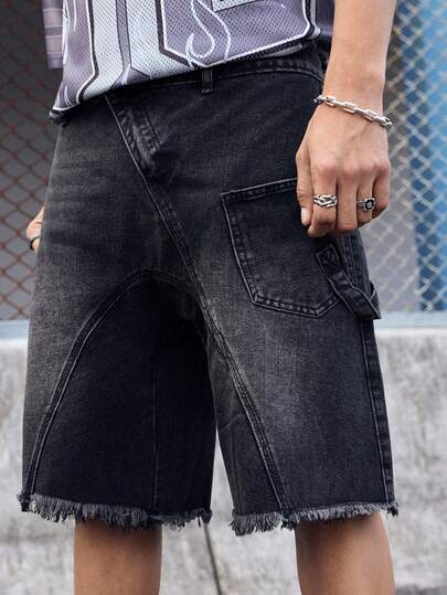 EVRINFINITE Manfinity Streetrush Men's Front Button Pocket Frayed Edge Simple Casual Black Denim Shorts Jorts, Men's Denim Shorts, Loose Jeans Shorts Men, Men's Washed Denim Shorts, Fringe Denim Shorts Men Going Out Hang Out College Street Urban