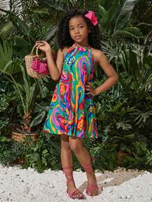 SLAYR KIDS SLAYR KIDS Tween Girl Vacation/Casual Spring/Summer Geometric Pattern Woven Pleated Halter Neck Sleeveless Dress - Multicolor - View 4