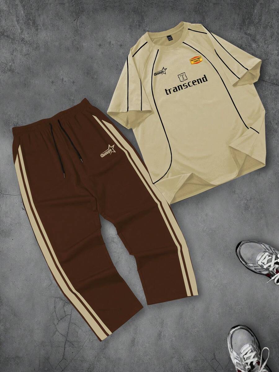PAVTROS 男士休闲运动撞色直筒裤+字母印花T恤套装（2件套），高领衫，男士两件套 - 咖啡棕 - 查看 1