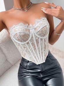 Allurite 女士蕾丝边休闲百搭约会之夜吊带背心 - 米色 - 查看 6