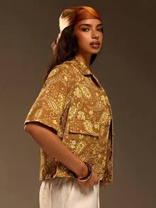 Athîral Women's Casual Vacation Denim Printed Short Sleeved Collar Shirt, Spring And Summer Styles, Summer Women's Shirts, New Women's Clothing, Women's Holiday Wear, Paisley Printed Shirt, Casual Short Sleeved Shirt Top, Date And Party Dressing, Street Dressing, Handsome Dressing, Relaxed Dressing - Khaki - View 5