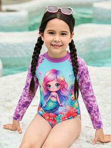 少女连体长袖泳衣，拉链设计，流行拼接印花沙滩度假泳装 - 彩色 - 查看 4