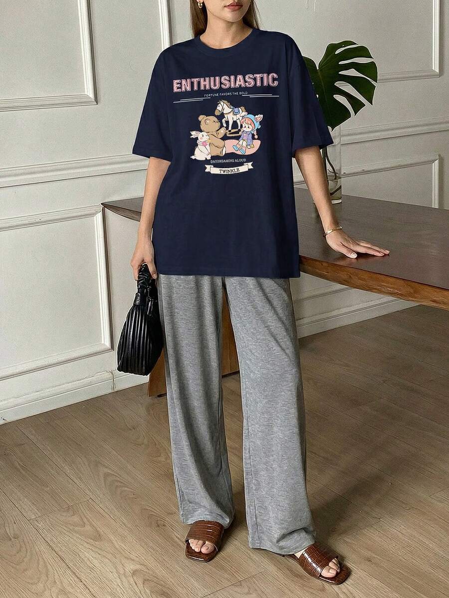 DAZY 2pcs/Set Women Cute Cartoon Print Loose Short Sleeve & Pants Sleepwear Set Pajamas - Navy Blue - View 1