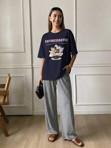 DAZY 2pcs/Set Women Cute Cartoon Print Loose Short Sleeve & Pants Sleepwear Set Pajamas - Navy Blue - View 3
