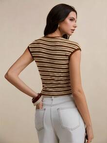 Poéselle Áo thun nữ mùa hè cổ tròn kẻ sọc ôm dáng thoáng khí - màu nâu - Xem 4