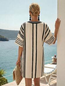 Louniche Women's Black & White Striped V-Neck Loose Coverup Dress, Casual Beach Holiday Short Dress For Spring/Summer - Multicolor - View 2